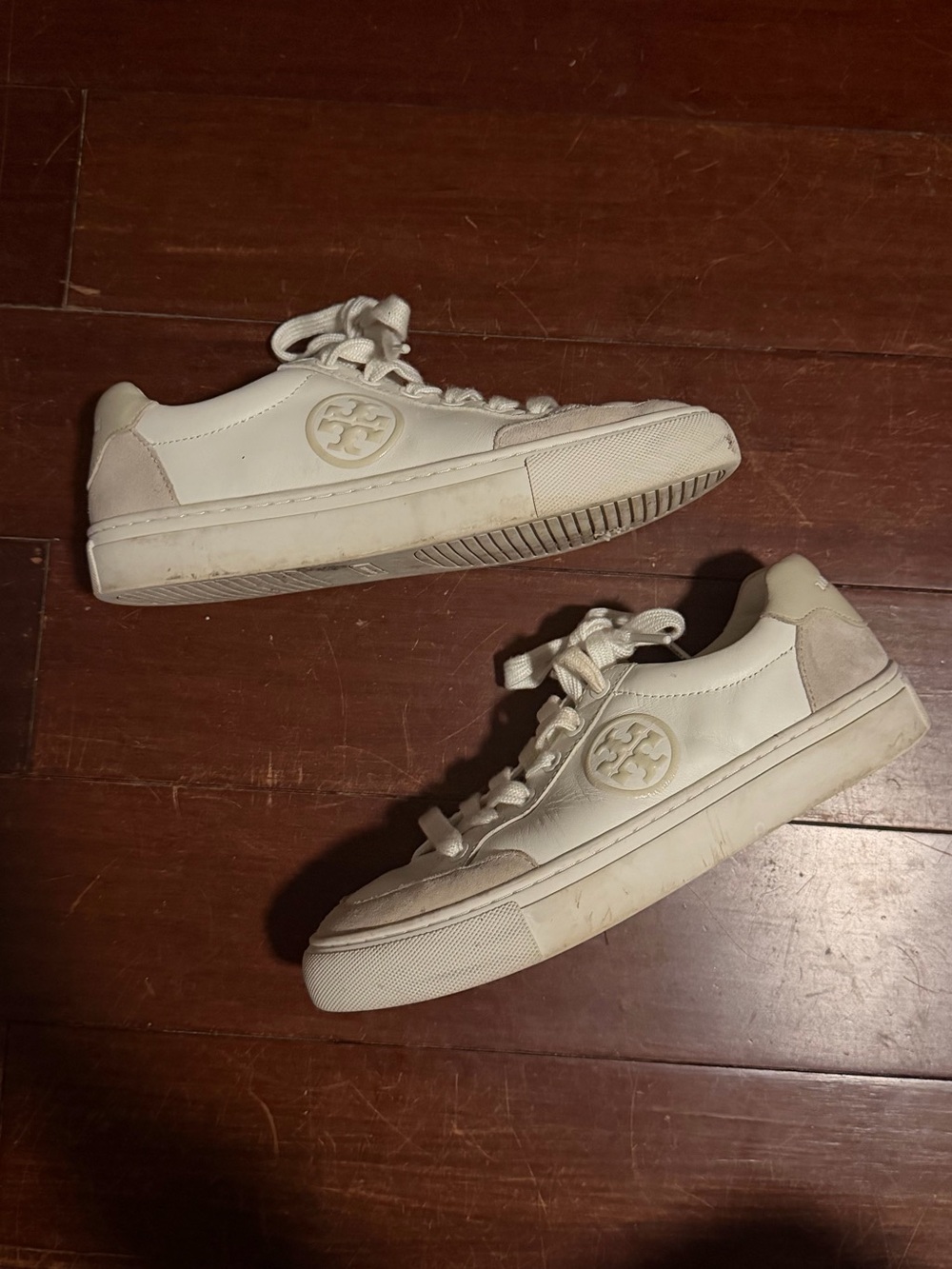 Tory Burch Cream and White Leather Logo Sneakers